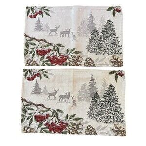 Sander Tapestry Placemats Set of 2 – Winter Forest Deer Trees 12"x19" EUC